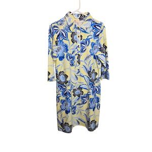 Jude Connally Shirt Dress Womens L Yellow Blue Floral 3/4 Sleeve Jude Cloth